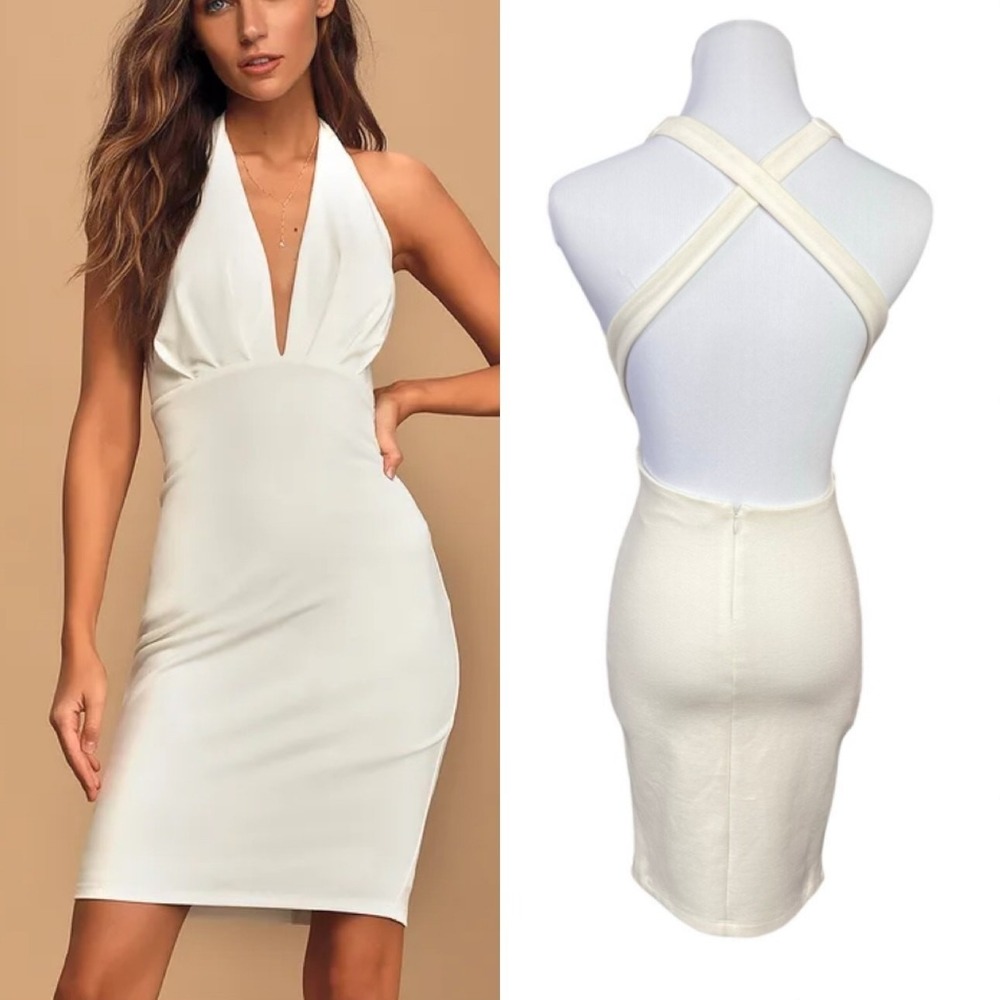 Lulu's What a Looker Bodycon‎ Cream Mini Dress SMALL Soft Girl Backless Party
